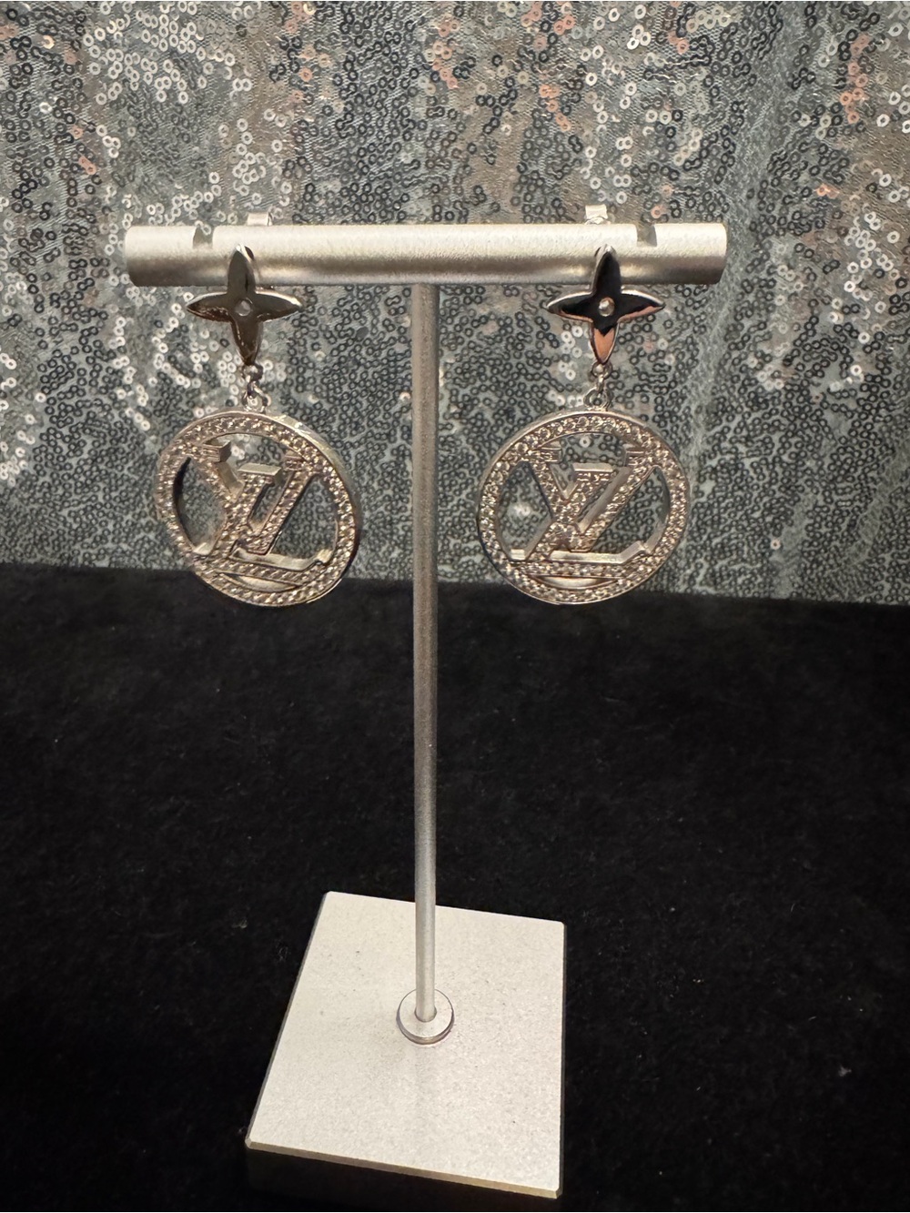 Louis Vuitton Silver Crystal Monogram Drop Earrings